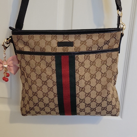 Gucci Handbags - Gucci Beige GG Canvas Crossbody with Red and Green Web Stripe